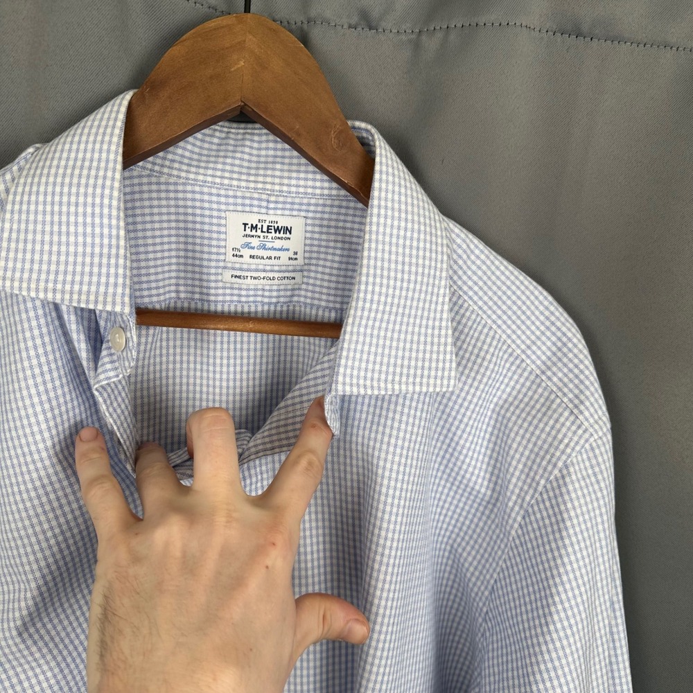 TM Lewin Mens Regular Fit Dress Shirt Blue White Check French Cuff 17.5 44cm